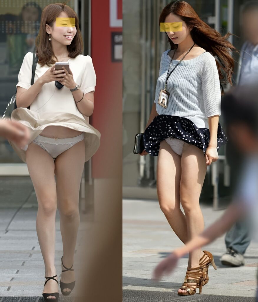 二人とも美しい脚してますね~!そんな二人の純白パンティを、拝ませてくれたのは、ズバリ!地下鉄様です!この捲れ上がり方は、間違いないですね!