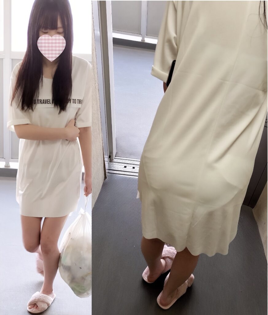 ゴミ出しのルールをしっかり守って、その日の朝にマンションの下の指定の場所まで、ゴミを捨てに行ったのでしょう。パンティラインもくっきり見えて、よーく見るとブラのラインも見えちゃっていますね!この可愛い服装も合わせて、ナイスぱんつです!