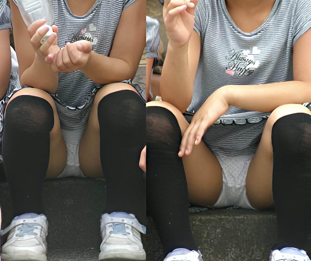 真っすぐに見ることのできる、見事な純白ぱんつで御座います!これは目を離すことなんてできないでしょ!?これぞおすわりパンチラの代表作と言っても過言ではありませんね!