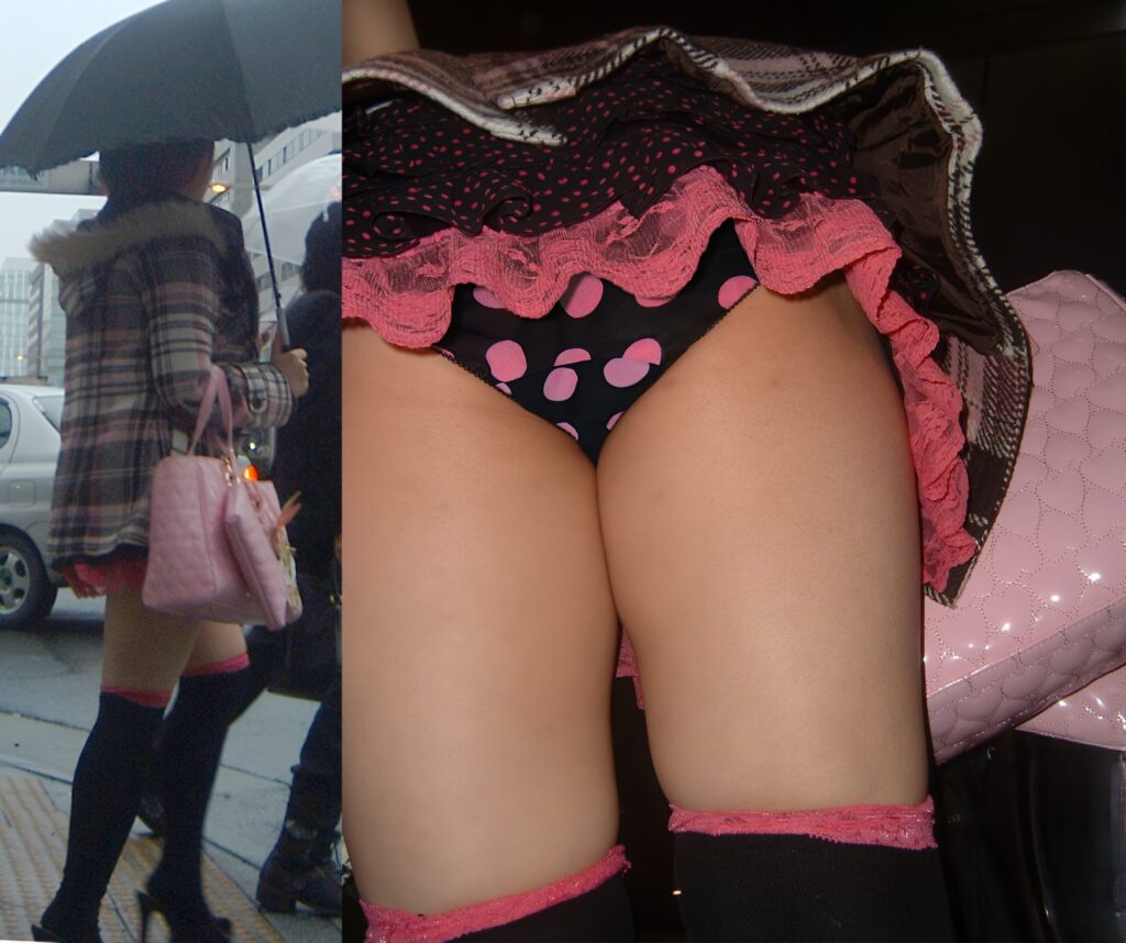 黒ベースのピンク水玉だけでも最高レベルなのに、それに完璧に合わせたこの服装も含めて最高です！！これぞ究極のパンチラです！！