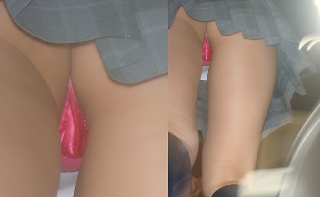 お尻の奥まで食い込む見事なTバックですね！この色つやもエロ過ぎる！サテン系のピンクの極細TバックをJKが履くなんて、素晴らしい時代でしたね！