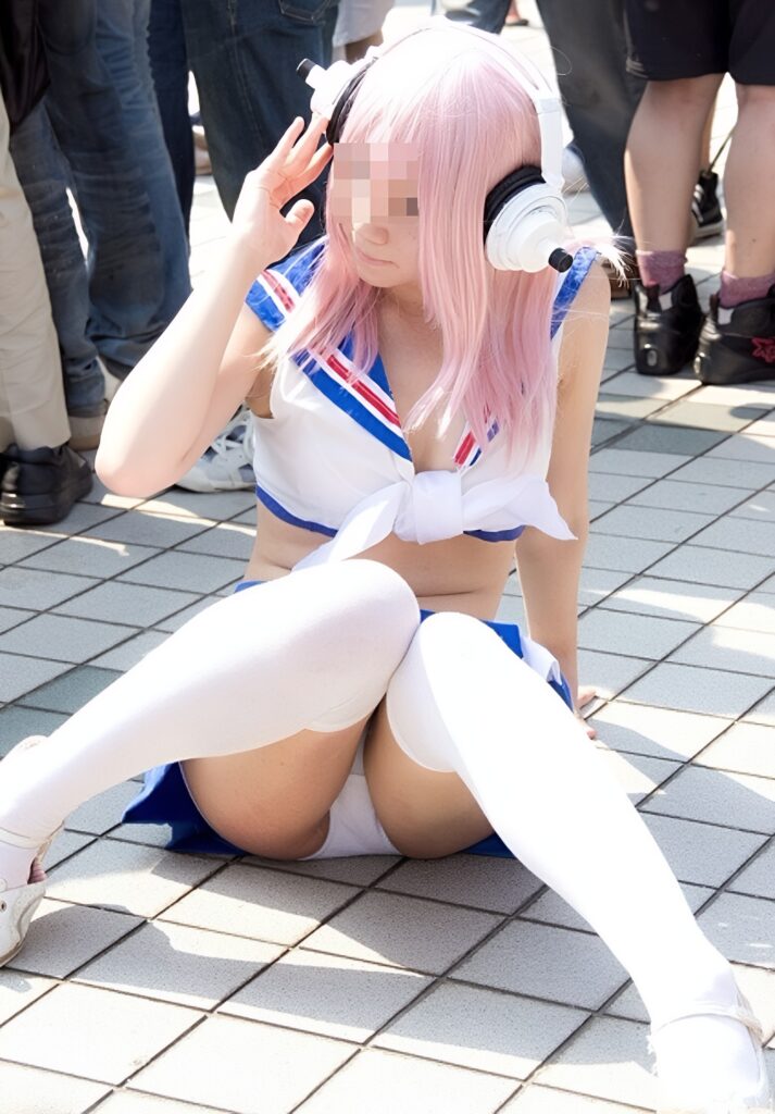 もう見て下さいと言わんばかりの見事なM字開脚ですね!これですよ、このコスプレイヤーの精神が私は好きなんですよ!プロフェッショナルと言いますか、彼女は今、彼女では無いのです!