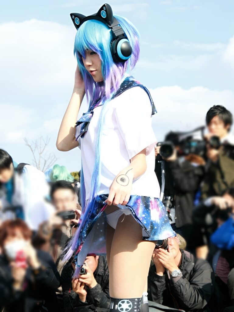 純白で小っちゃい可愛いパンティを自ら見せちゃってますね。コスプレイヤーはこれが凄いんですよ!見せパンなんてありえないのです!