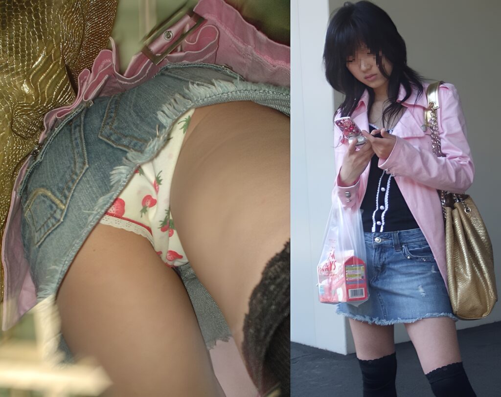 タイトなデニムミニの中身はなんと!可愛いいちごちゃんでした!ゴールドのバッグとのギャップがたまらなく良いですね!