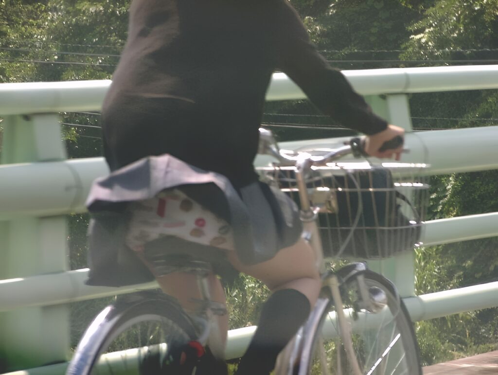 チャリに直パンは、神の域に達していますね。少しのスピードアップで、またはそよ風で、この何やら不思議な柄のパンティが見れてしまうのですよ!色んな模様と色がありますね。良いですね~!