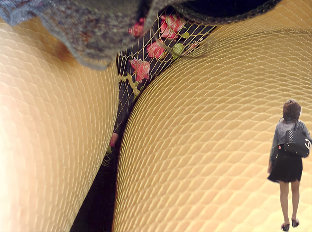 ミニスカに網タイツって良いですよね。ほとんど履いている人がいないから尚更美しいです。それで花柄ぱんつが美しい!網タイツとの相性が抜群ですね!