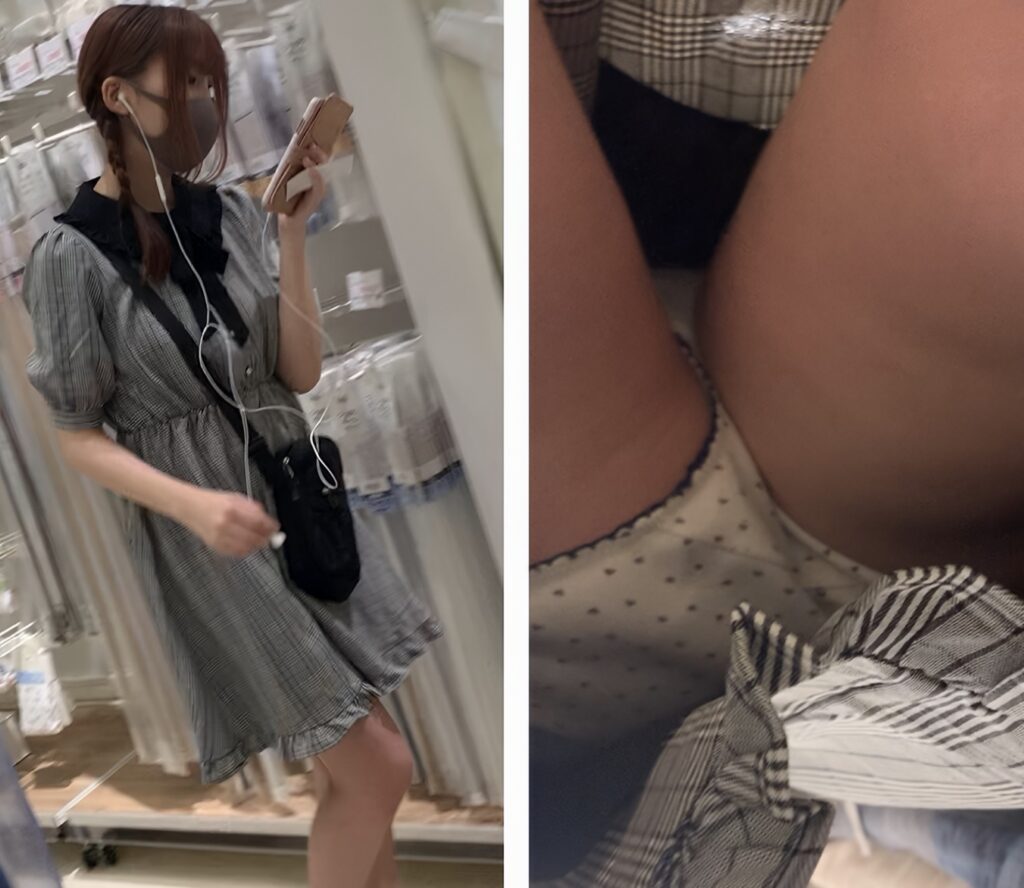 こういう恰好は大好きです。それでこの小さい水玉にしっかり黒縁があるパンツも、とても好みですね。規則正しく並んでるよう見えますが違うのですよ~!パンチラ道は奥が深いのです!