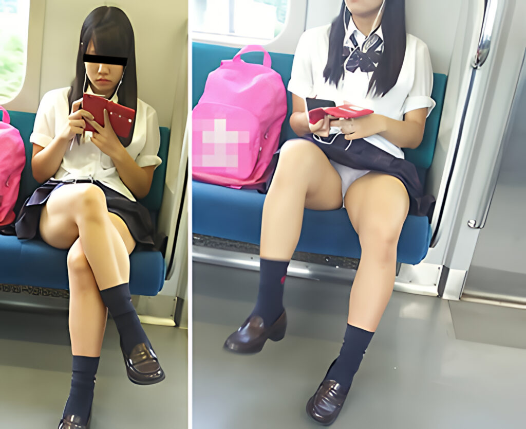 モロの純白パンチラ頂きましたね!足を組もうとしたのか、その逆かは分かりませんが、これもスマホのなせる業?とにかく、スマホに夢中の女の娘を見つけたら、全集中が必須なのは間違いないです。