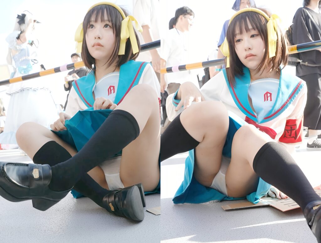 涼宮ハルヒ！純白綿パンを履いていそうなキャラだもん！それを見越して、履いて来たのでしょう！もうモロ見えですね！
