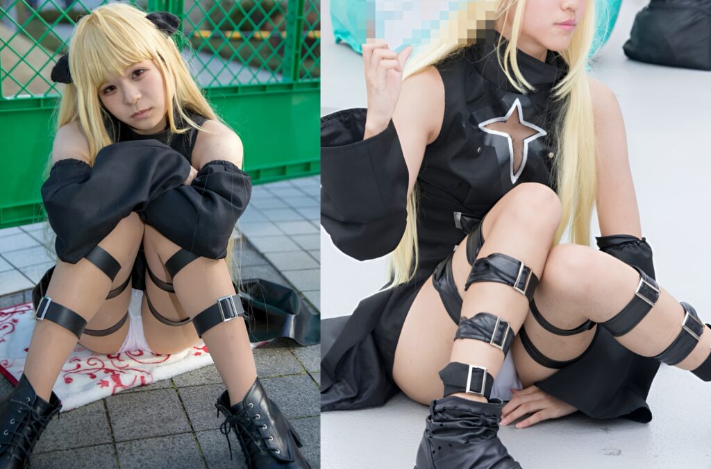 黒の可愛い衣装の中は、見事に輝く純白パンティでした！いや～！眩しいですよ！これも見られて上等！って感じで、しっかり小股を開いてくれちゃってますね。