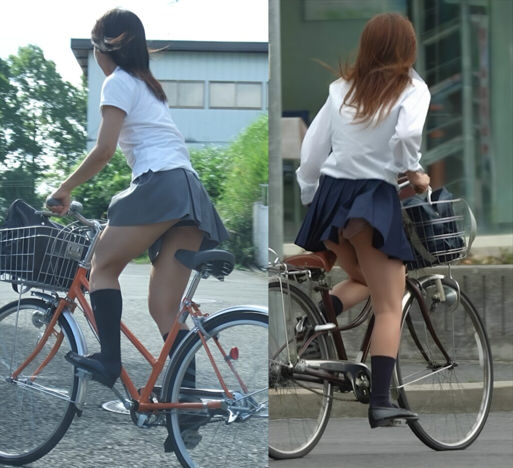 まあこのチラっ！が、良いのですけどね。これぞパンチラって感じです！右の娘はピンクかな？立ち漕ぎした瞬間に勢いが出て、一瞬スカートが捲り上がっちゃったと読んでます。