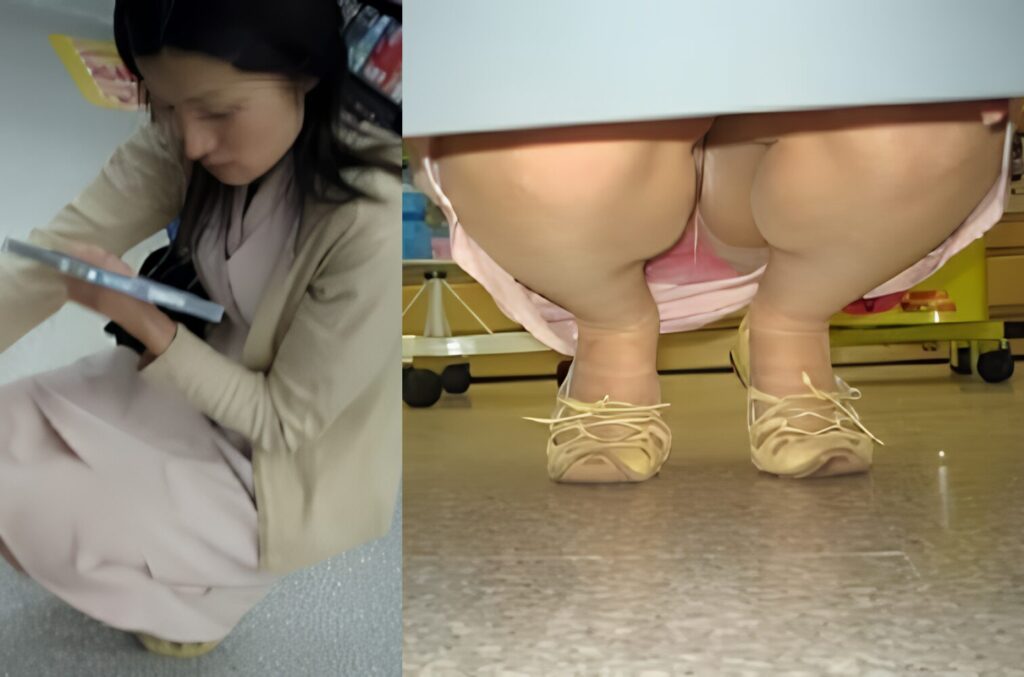 まさかこんな下から覗かれているなんて、思ってもみなかったでしょう。パンスト越しに濃い目のピンクが最高ですね!