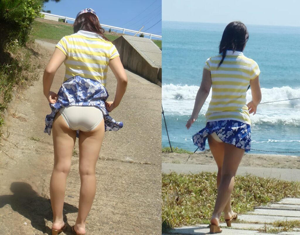 さんさんと降り注ぐ太陽とパンチラは良く似合います。クリーム色っぽいパンツですかね?スカートが夏って感じで良いですね!海にもピッタリの色合です!