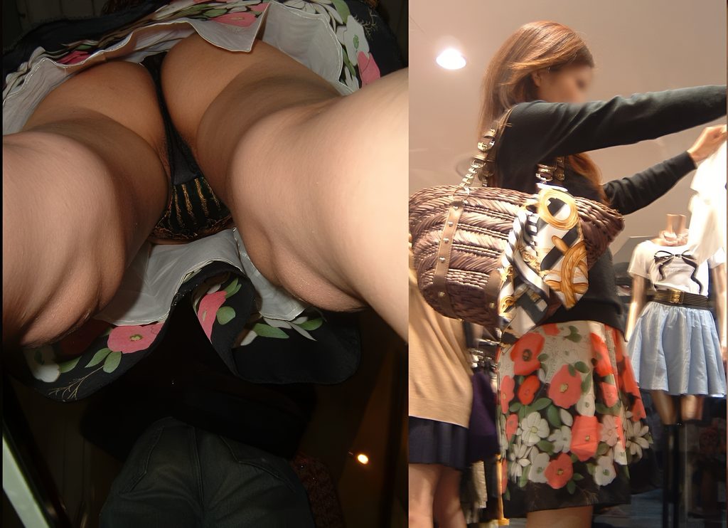 黒Tバックに前側に金色のストライプって、エロかつオシャレですね!花柄のスカートも、自分のファッションにこだわりがしっかりある娘ですね!
