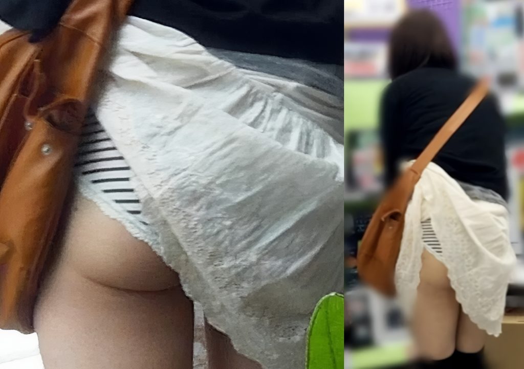 これはパーフェクトな引っ掛かりパンチラですね!こんなにきれいに捲れ上がっているのは珍しいです!そして素敵なボーダー柄パンツを、漢達に披露してくれるなんて、なんと良い娘だったのでしょうね!