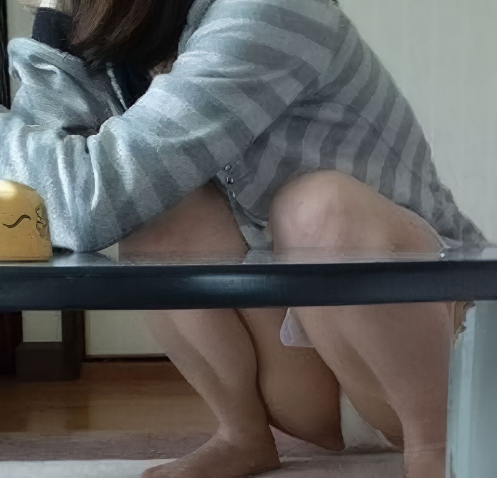 この家庭内しゃがみのぷっくり純白パンチラこそが、家庭内ぱんちらの醍醐味です。しかしこのM字開脚は見事です！