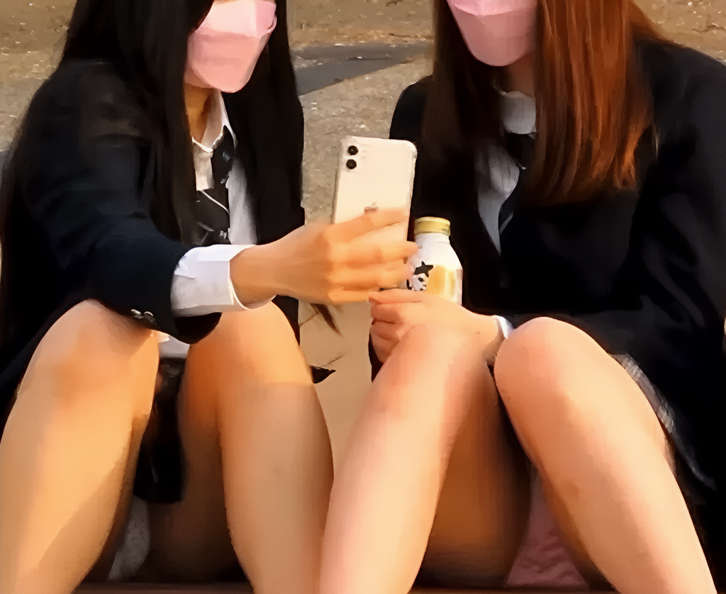 前側ぷっくりの見事なダブルパンチラですよ!右の娘はピンクですかね?左の娘は白かな?もしかしたら水玉入ってないですか?それでこれまたスマホですよ!